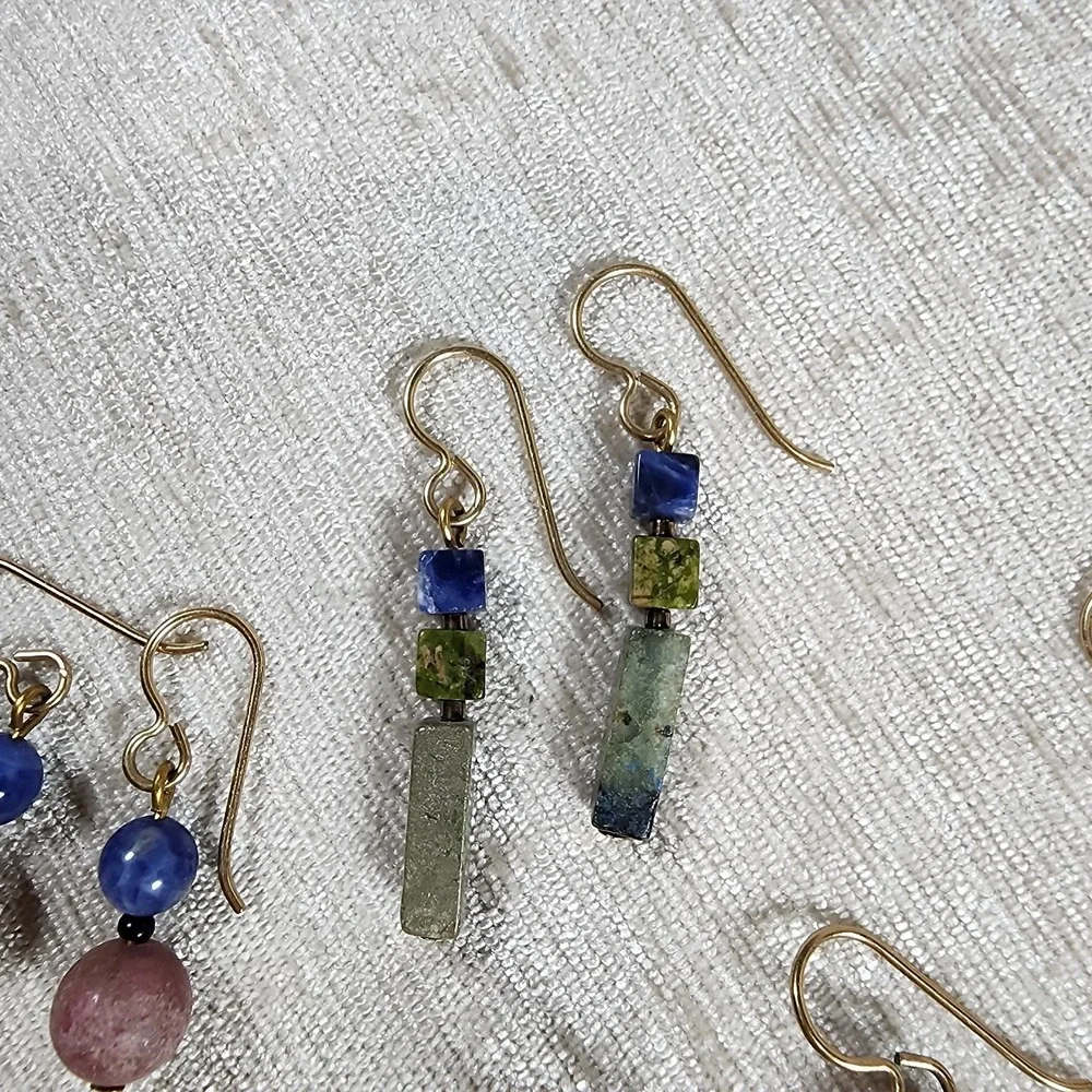 Earthy Natural Stone Dangle Earrings Gold Plate Hooks Garnet Tourmaline Lot of 5